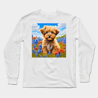 Yorkipoo Puppy in Texas Wildflower Field Long Sleeve T-Shirt